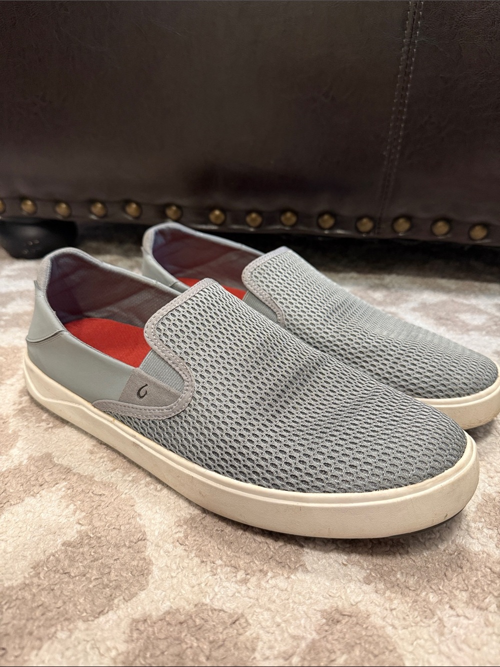 OluKai Men's Light Gray Mesh Slip-On Loafers with White Sole